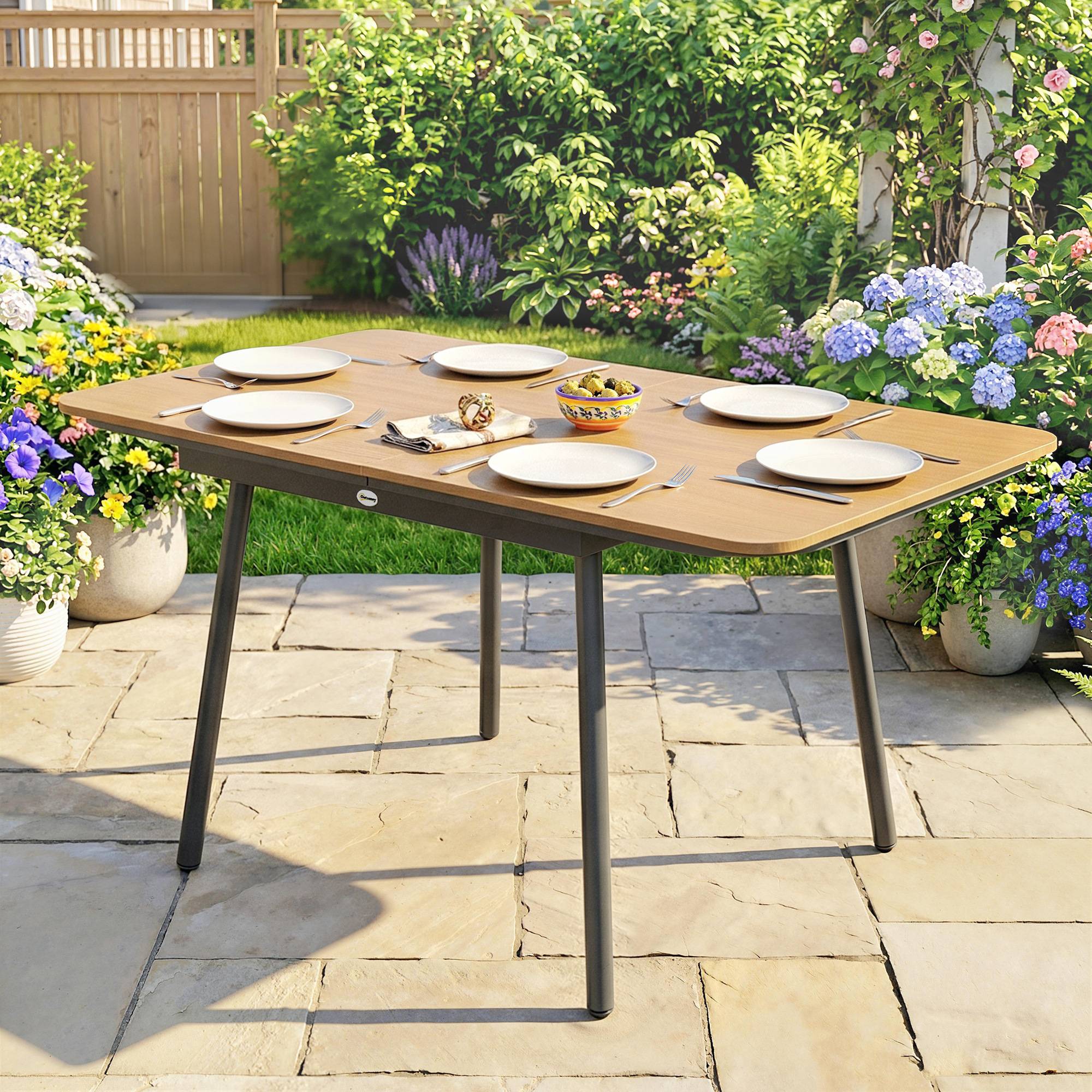 Table de jardin 140x80 cm pour 6 personnes en WPC, résistante à la rouille, pieds réglables, finition naturelle - Image 9