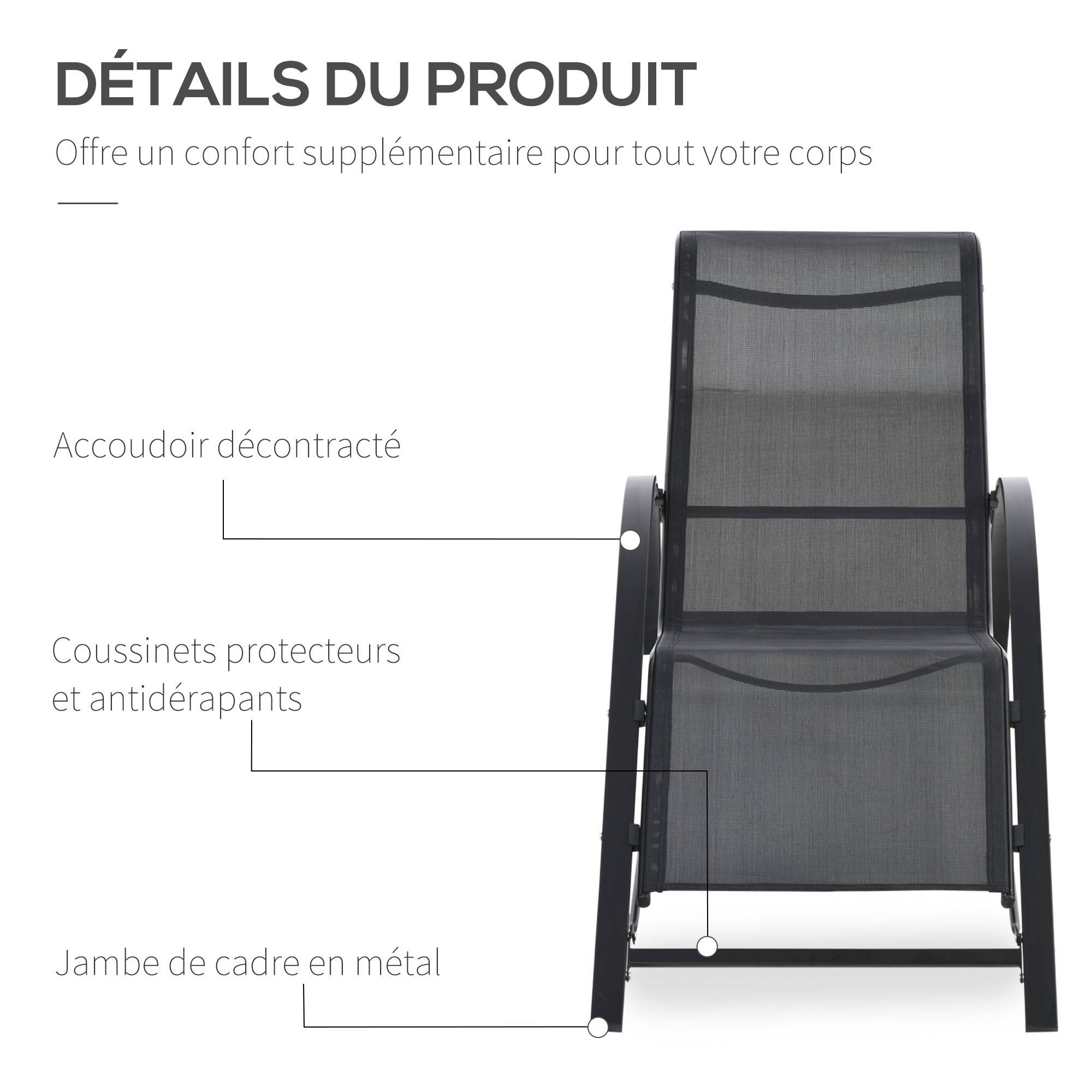 Lot de 2 bains de soleil chaise longue design contemporain table basse plateau verre trempé textilène noir - Image 8