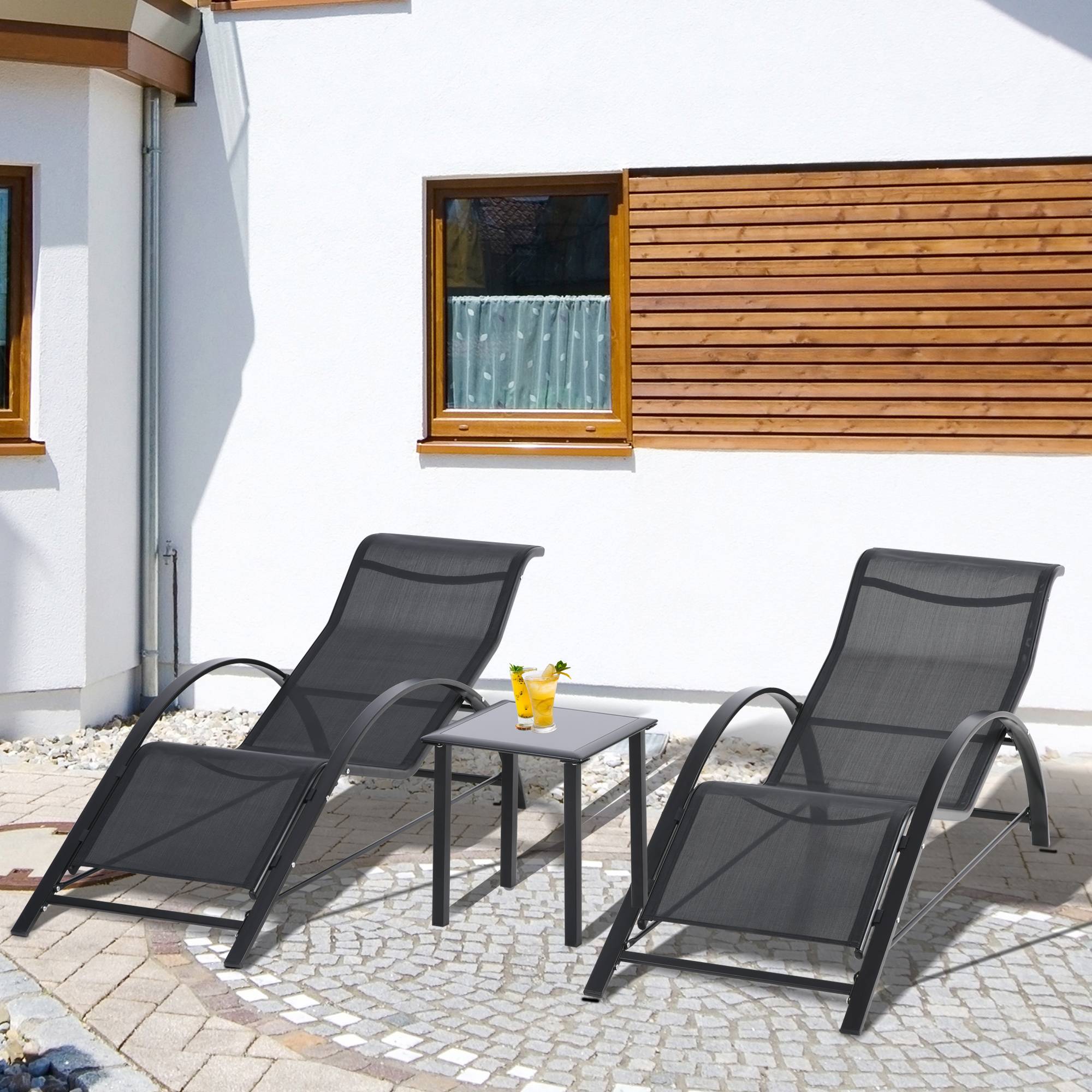 Lot de 2 bains de soleil chaise longue design contemporain table basse plateau verre trempé textilène noir - Image 4