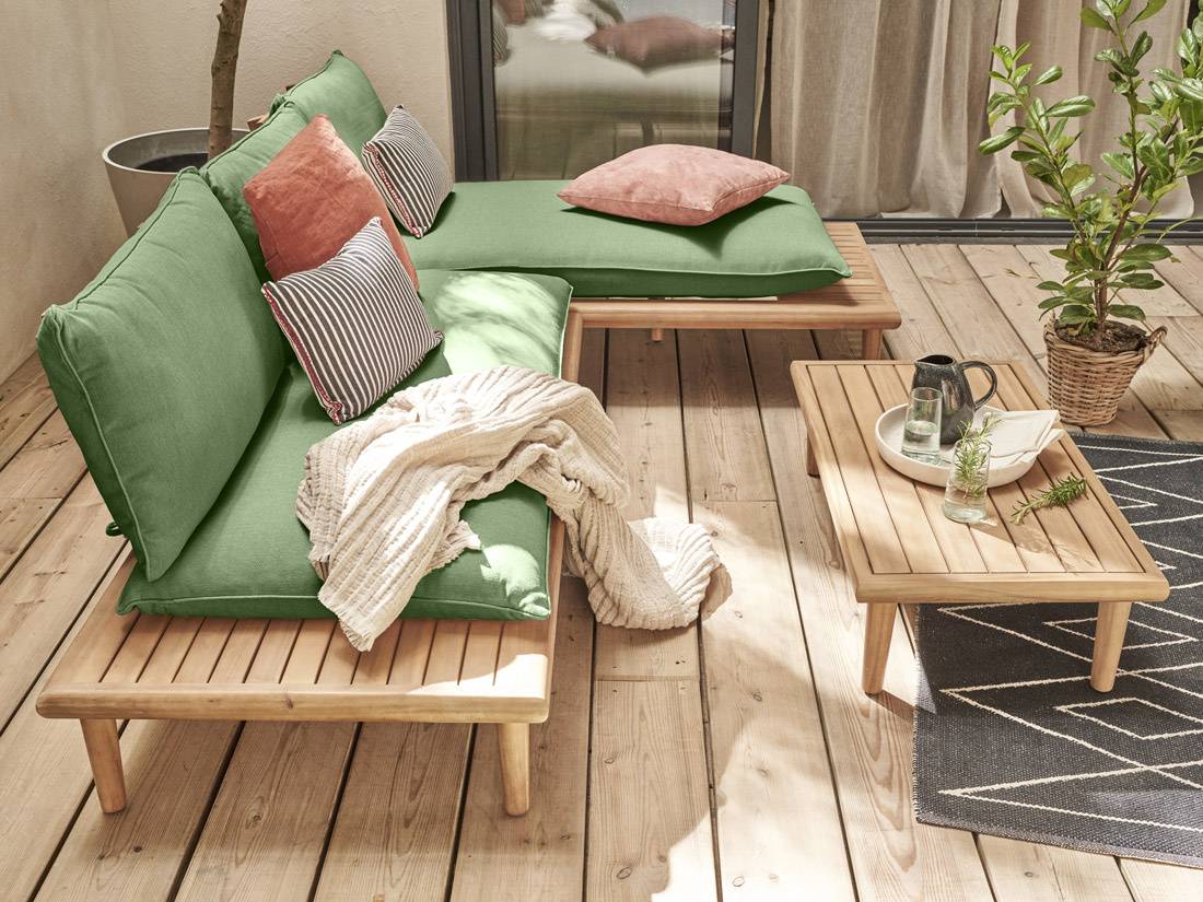 Best Mobilier - Papeete - salon bas de jardin avec coussins vert - 4 places + table - en bois d'acacia FSC 100% - Best Mobilier - Image 3
