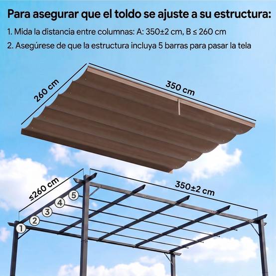 Toile de remplacement rétractable 3,5 x 2,6 m pour pergola 4 x 3 m, avec 10 trous de drainage, couleur café. - Image 6