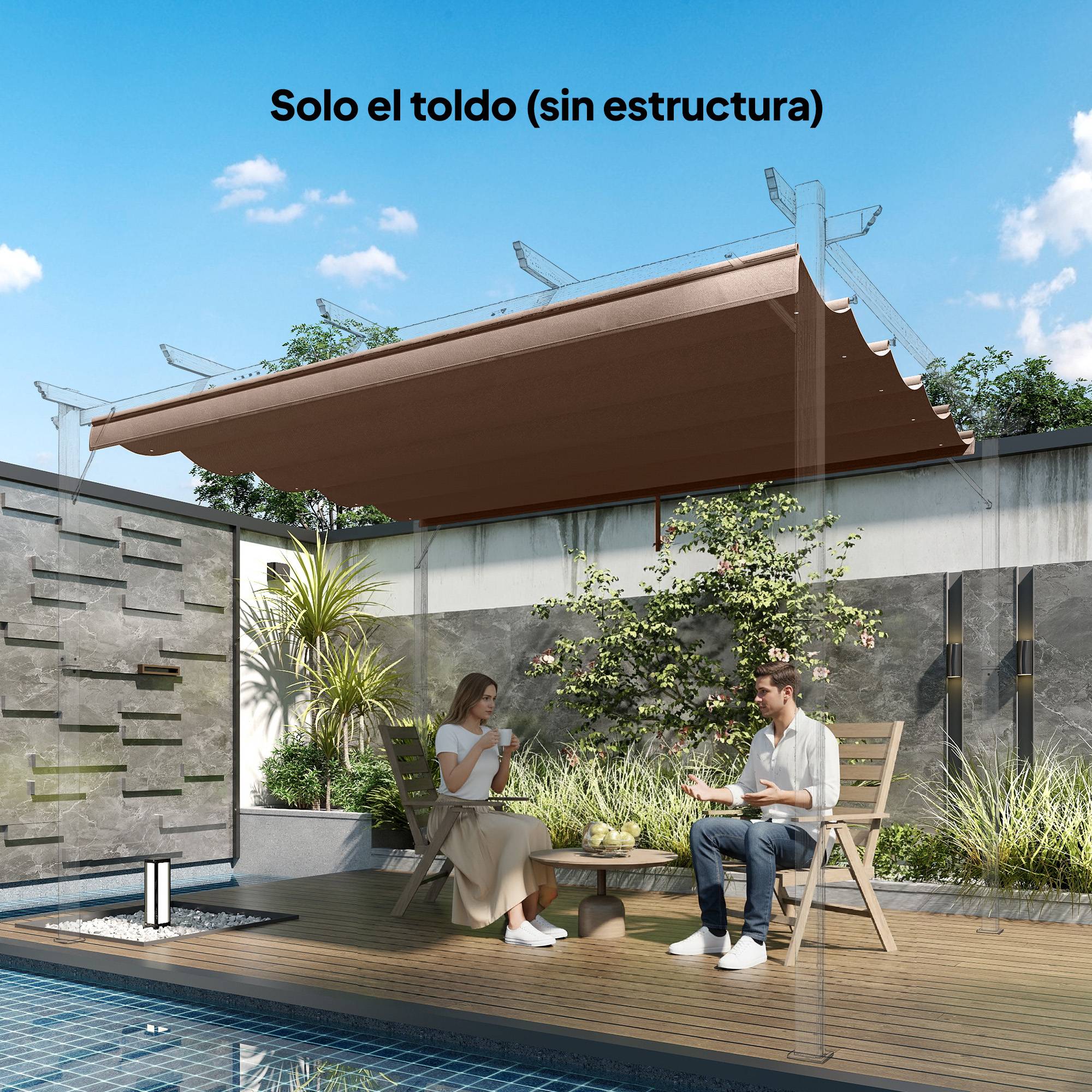 Toile de remplacement rétractable 3,5 x 2,6 m pour pergola 4 x 3 m, avec 10 trous de drainage, couleur café. - Image 4
