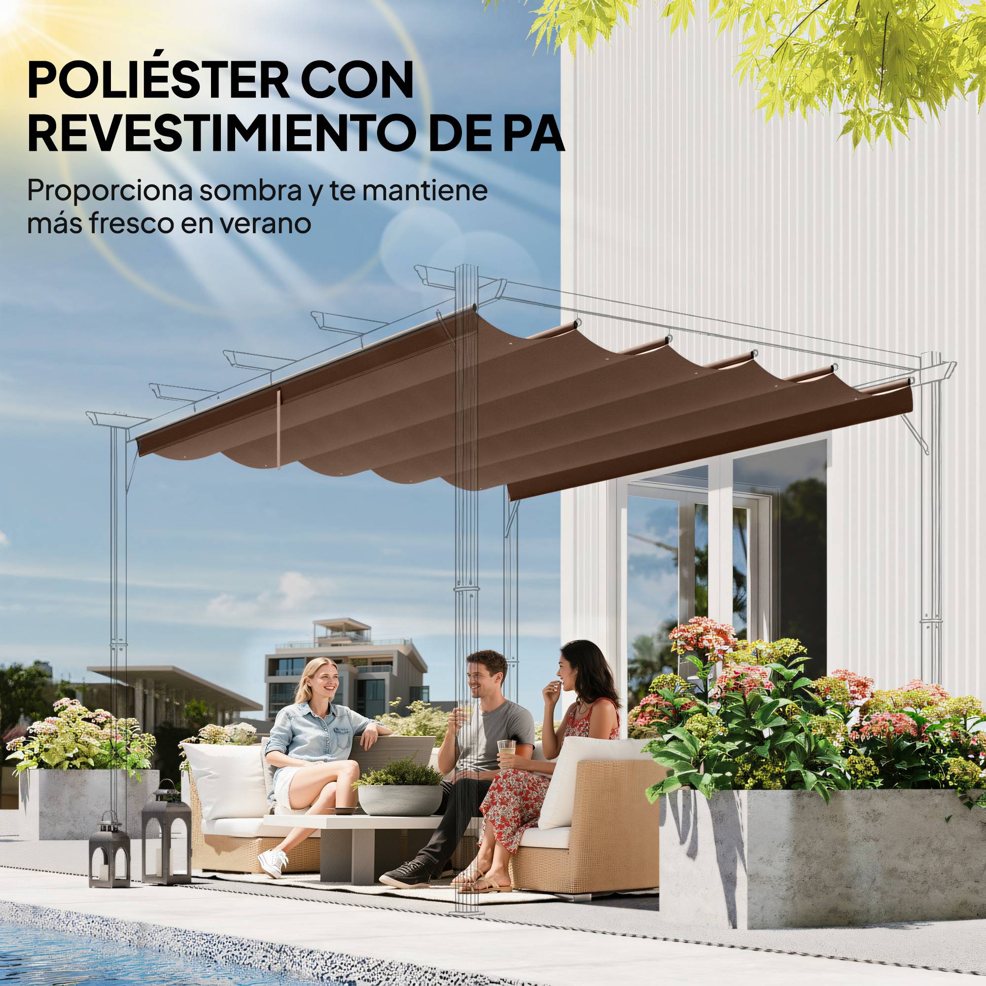 Toile de remplacement rétractable 3,5 x 2,6 m pour pergola 4 x 3 m, avec 10 trous de drainage, couleur café. - Image 7