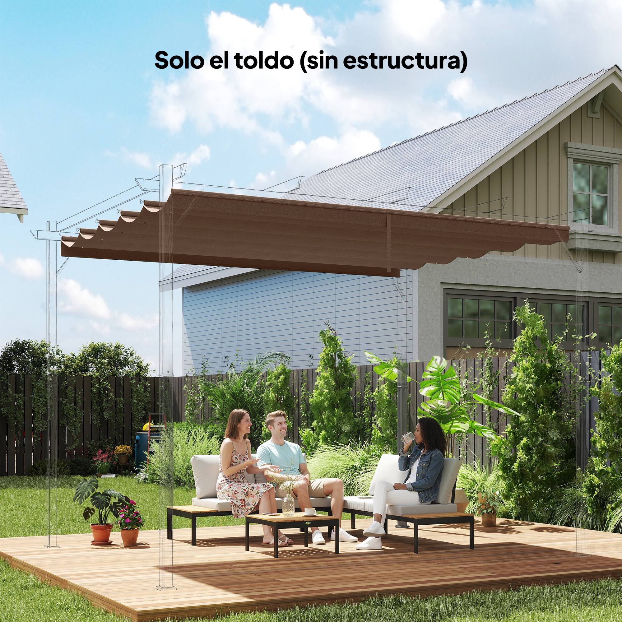 Toile de remplacement rétractable 3,5 x 2,6 m pour pergola 4 x 3 m, avec 10 trous de drainage, couleur café. - Image 3