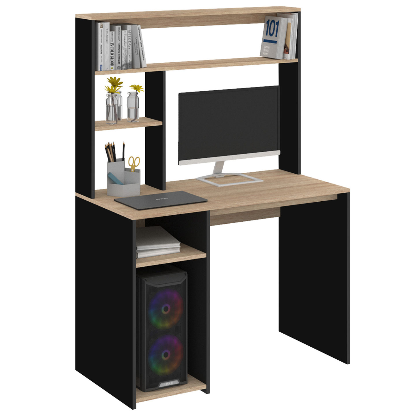 Bureau avec étagères de rangement DAN noir et façon hêtre - Image 2