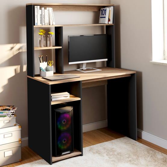 Bureau avec étagères de rangement DAN noir et façon hêtre - Image 1