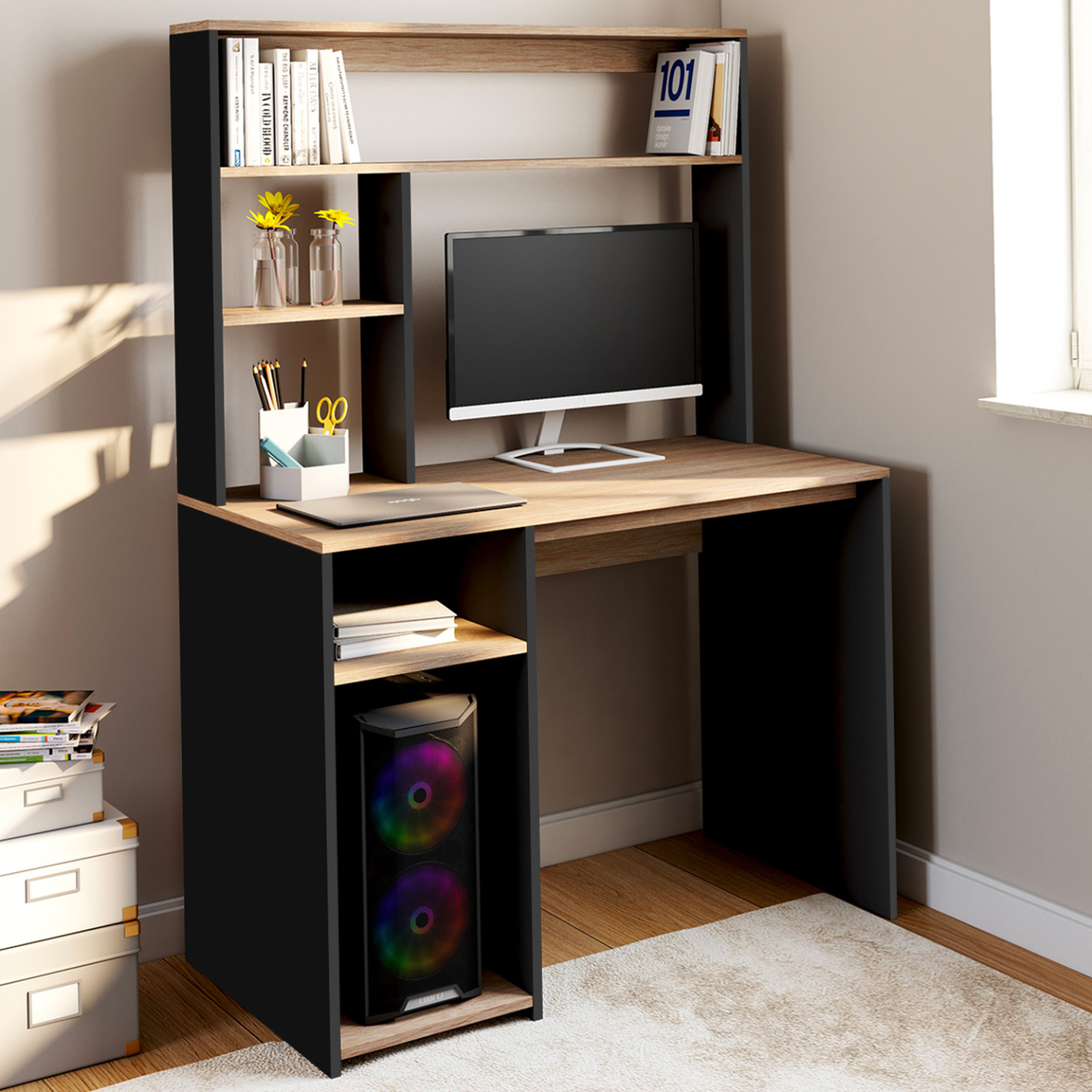 Bureau avec étagères de rangement DAN noir et façon hêtre - Image 1