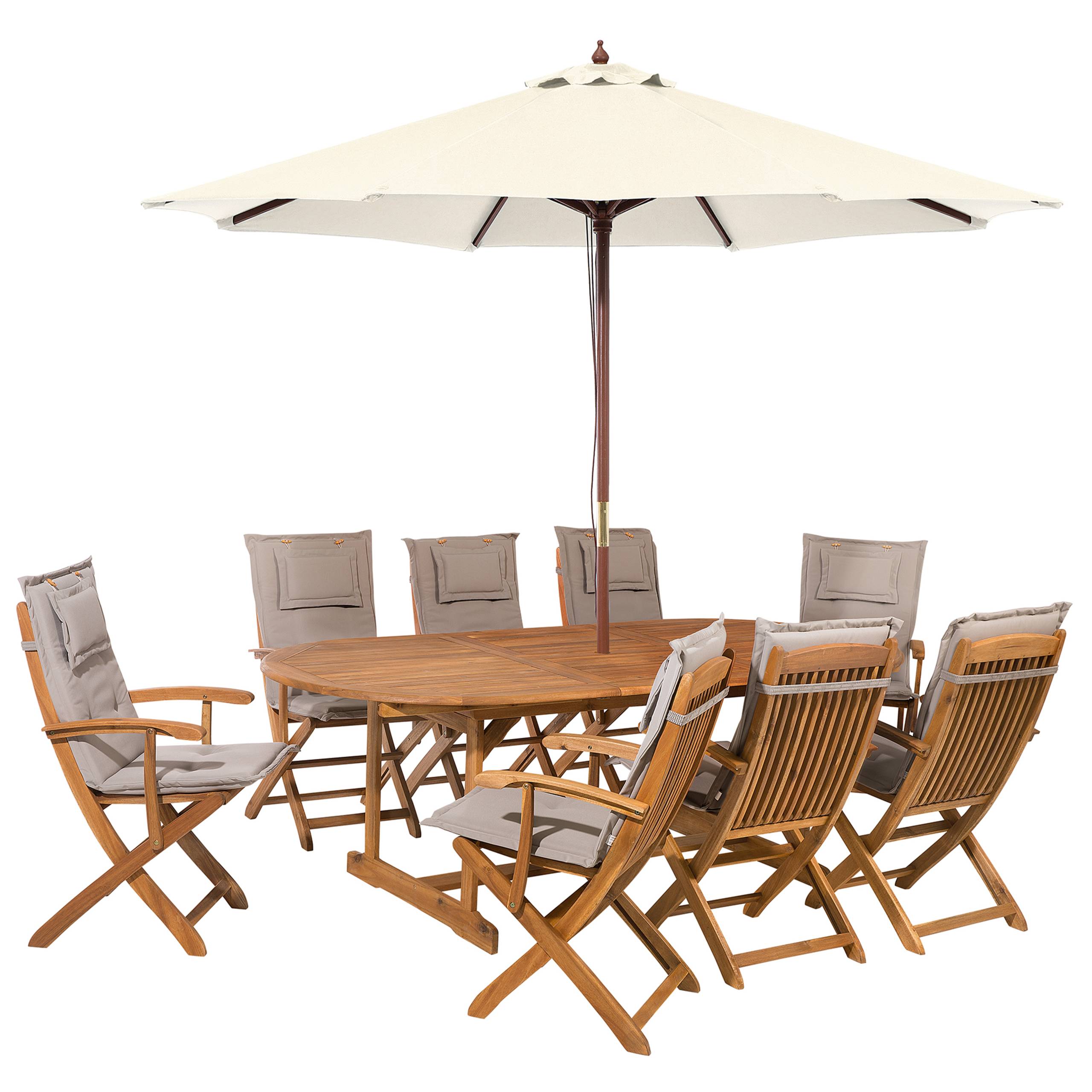 Beliani - Ensemble de Jardin Table Extensible Ovale et de 8 Chaises Pliables avec Coussins d'Assise Gris Beige et Parasol en Toile Beige Beliani - Imagen 1
