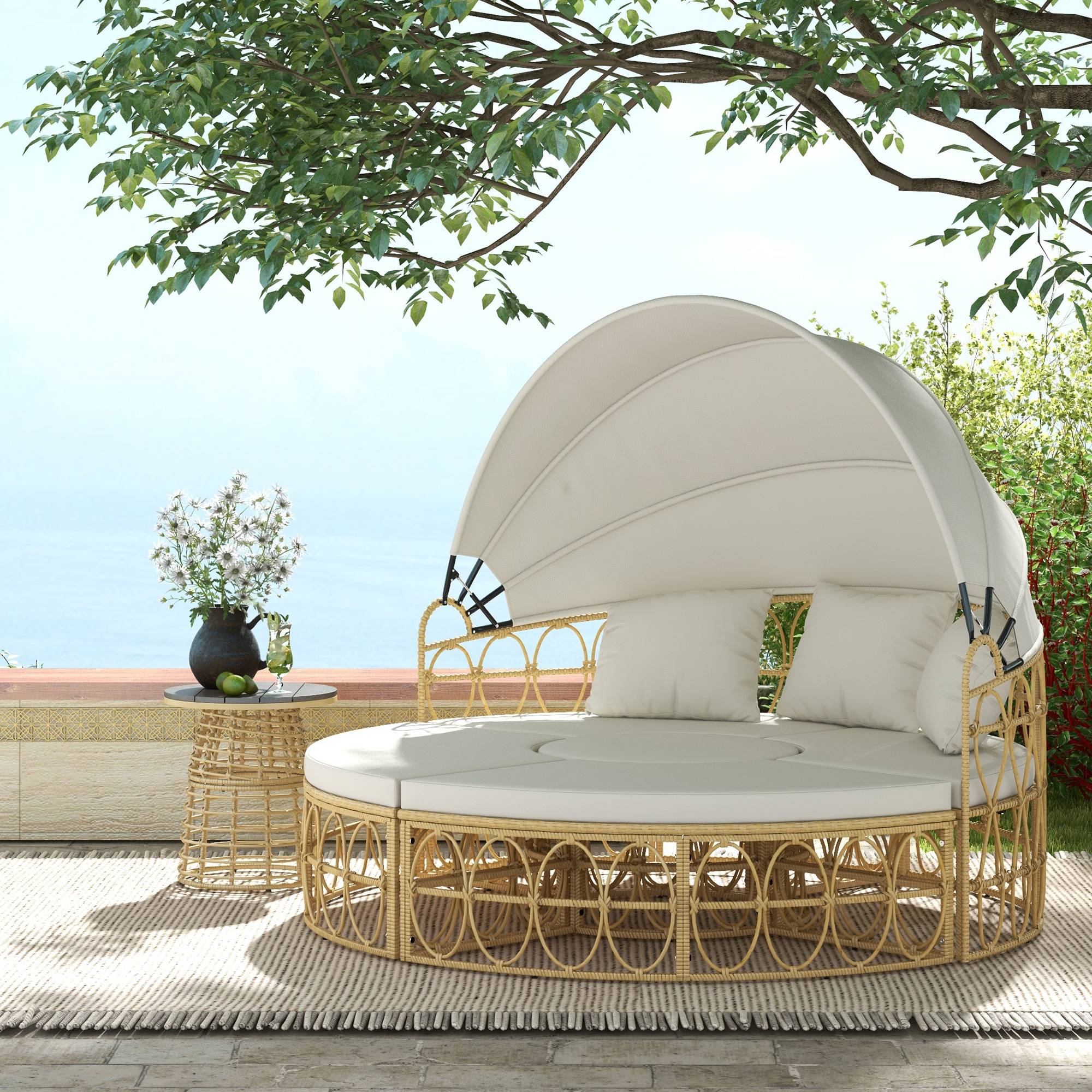 Salon de jardin modulable résine tressée terrasse avec pare-soleil blanc crème - ComfortXL Outdoor Living