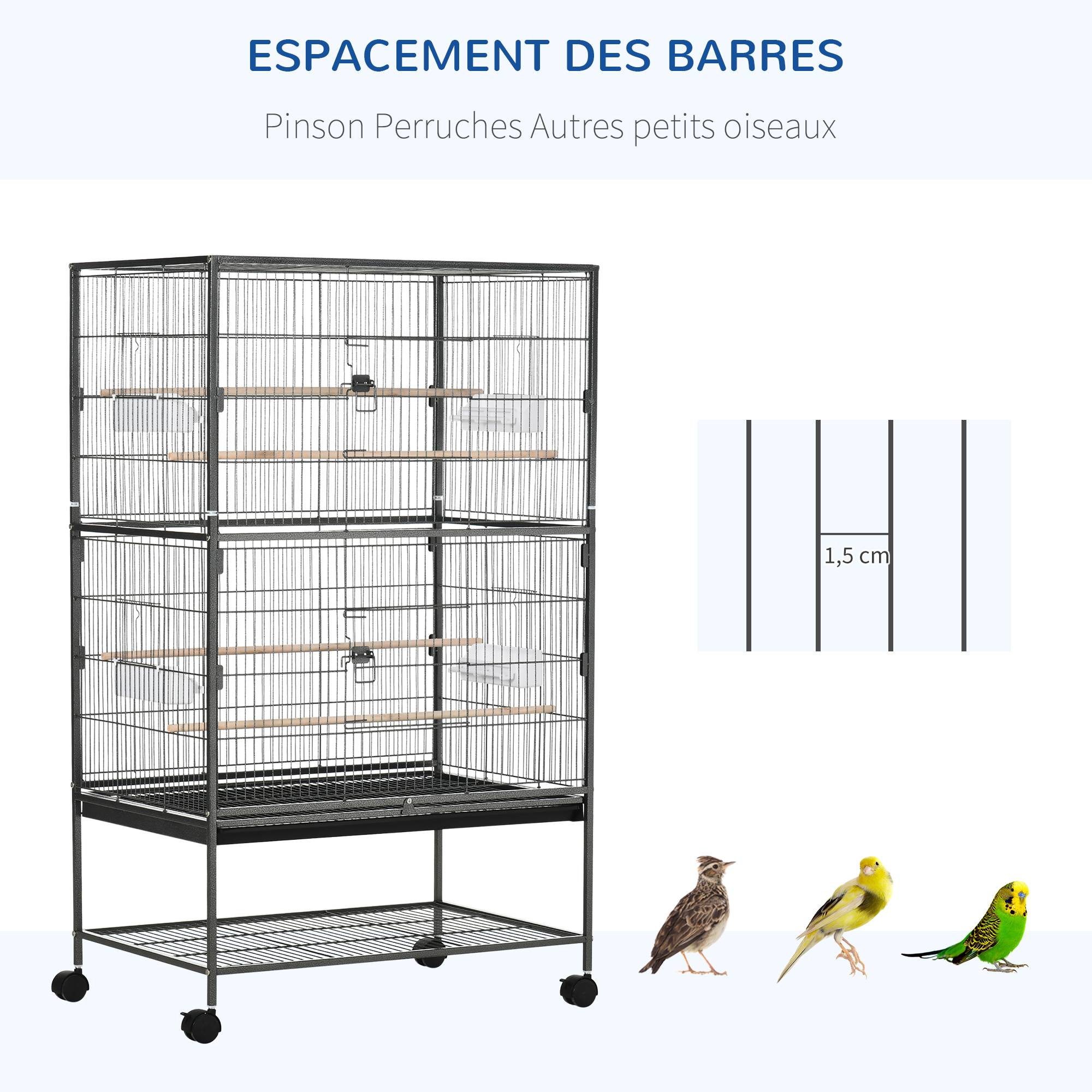 Cage à oiseaux sur pied volière oiseaux intérieur 4 perchoirs en bois et mangeoires fil d'acier gris foncé - Image 8