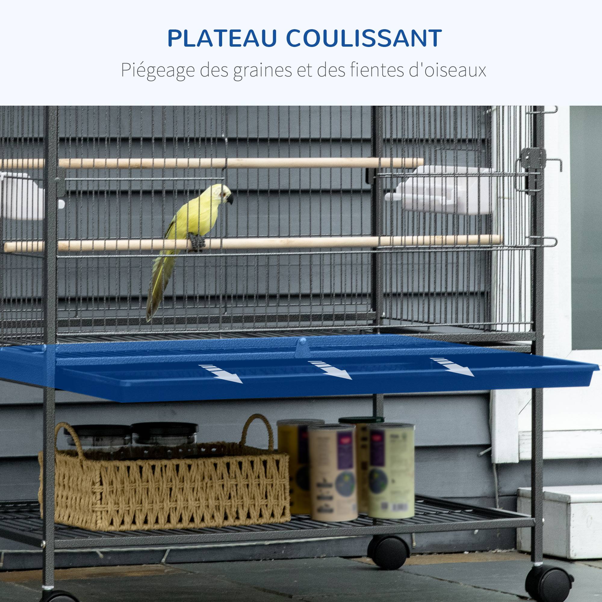 Cage à oiseaux sur pied volière oiseaux intérieur 4 perchoirs en bois et mangeoires fil d'acier gris foncé - Image 6