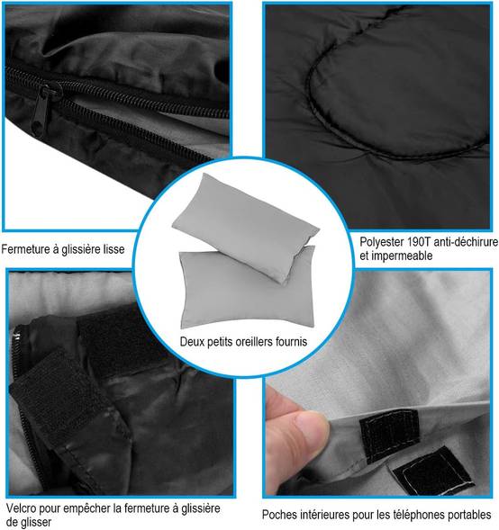 Sac de Couchage pour 2 Personnes avec 2 Oreillers Résistant au Vent et Imperméable Idéal pour la Randonnée, Les Voyages, Le Camping, et Les Activités - Image 4