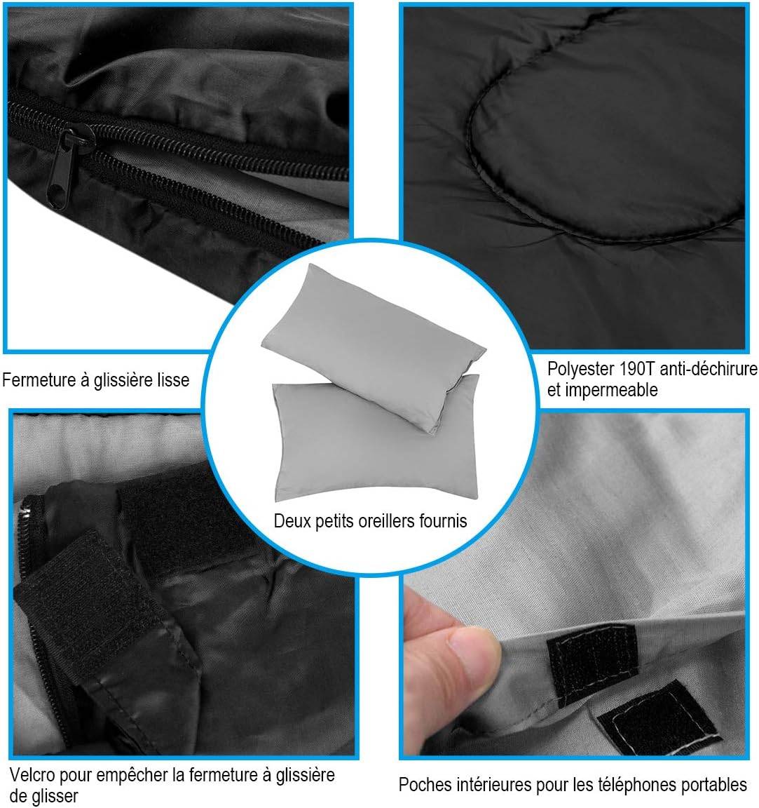 Sac de Couchage pour 2 Personnes avec 2 Oreillers Résistant au Vent et Imperméable Idéal pour la Randonnée, Les Voyages, Le Camping, et Les Activités - Image 4