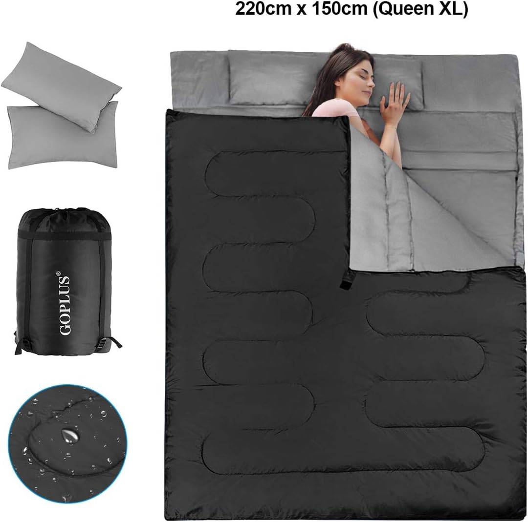 Sac de Couchage pour 2 Personnes avec 2 Oreillers Résistant au Vent et Imperméable Idéal pour la Randonnée, Les Voyages, Le Camping, et Les Activités - Image 3