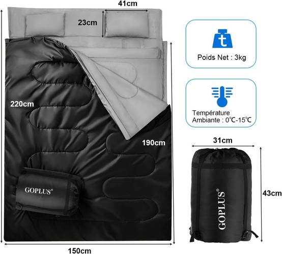 Sac de Couchage pour 2 Personnes avec 2 Oreillers Résistant au Vent et Imperméable Idéal pour la Randonnée, Les Voyages, Le Camping, et Les Activités - Image 2