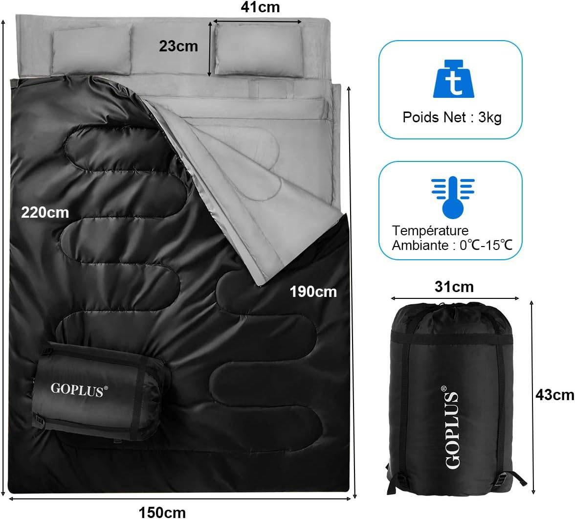 Sac de Couchage pour 2 Personnes avec 2 Oreillers Résistant au Vent et Imperméable Idéal pour la Randonnée, Les Voyages, Le Camping, et Les Activités - Image 2