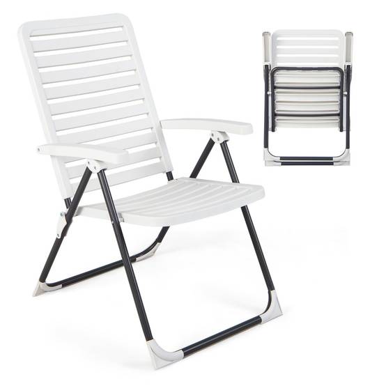 Helloshop26 - Chaise de jardin pliante en pp avec dossier réglable à 7 niveaux fauteuil d’extérieur avec cadre métal pour plage piscine blanc - Imagen 1