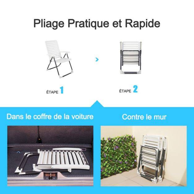 Helloshop26 - Chaise de jardin pliante en pp avec dossier réglable à 7 niveaux fauteuil d’extérieur avec cadre métal pour plage piscine blanc - Imagen 4
