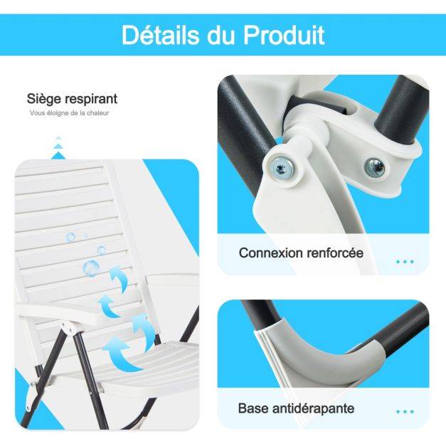 Helloshop26 - Chaise de jardin pliante en pp avec dossier réglable à 7 niveaux fauteuil d’extérieur avec cadre métal pour plage piscine blanc - Imagen 2