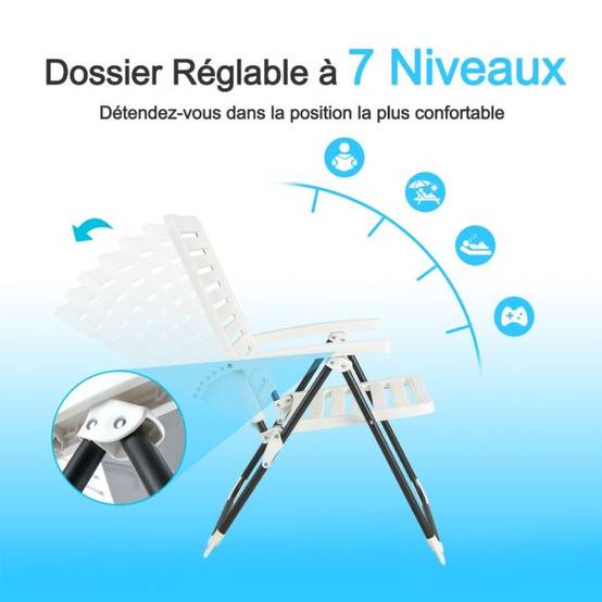 Helloshop26 - Chaise de jardin pliante en pp avec dossier réglable à 7 niveaux fauteuil d’extérieur avec cadre métal pour plage piscine blanc - Imagen 3