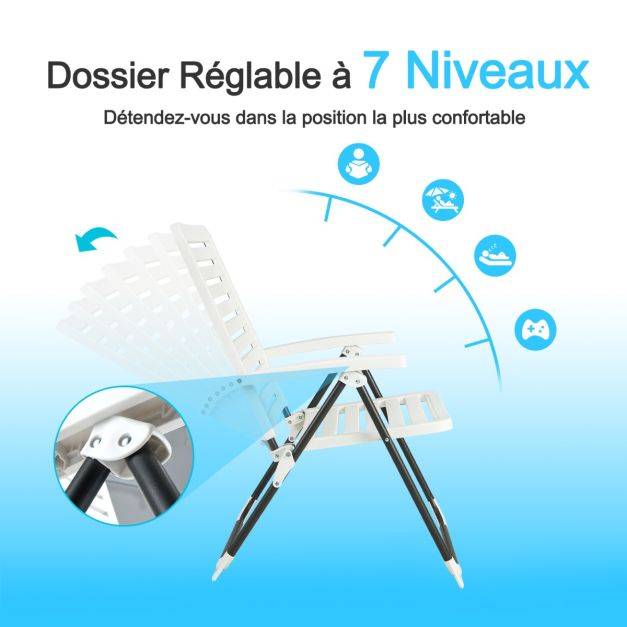 Helloshop26 - Chaise de jardin pliante en pp avec dossier réglable à 7 niveaux fauteuil d’extérieur avec cadre métal pour plage piscine blanc - Imagen 3