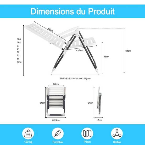 Helloshop26 - Chaise de jardin pliante en pp avec dossier réglable à 7 niveaux fauteuil d’extérieur avec cadre métal pour plage piscine blanc - Imagen 6