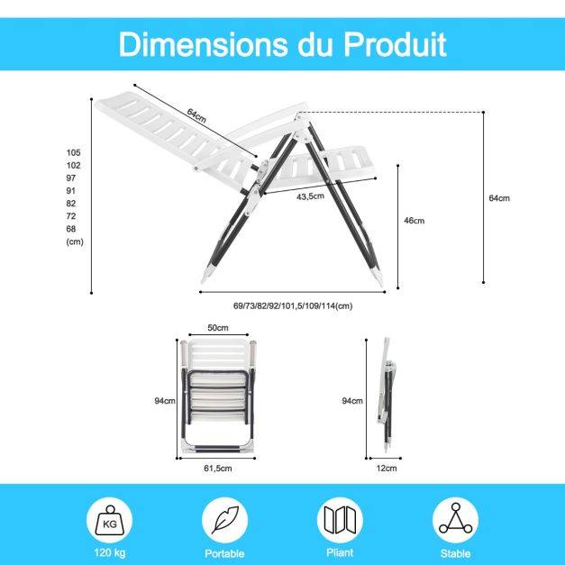 Helloshop26 - Chaise de jardin pliante en pp avec dossier réglable à 7 niveaux fauteuil d’extérieur avec cadre métal pour plage piscine blanc - Imagen 6