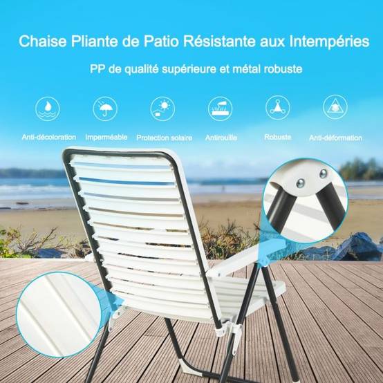 Helloshop26 - Chaise de jardin pliante en pp avec dossier réglable à 7 niveaux fauteuil d’extérieur avec cadre métal pour plage piscine blanc - Imagen 5