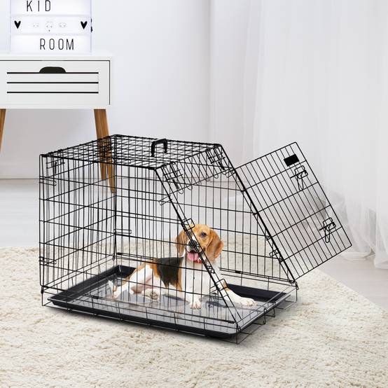 Cage transport pour chien métal forme trapèze voiture pliable double loquet 77cm noir - ComfortXL Outdoor Living - Image 2