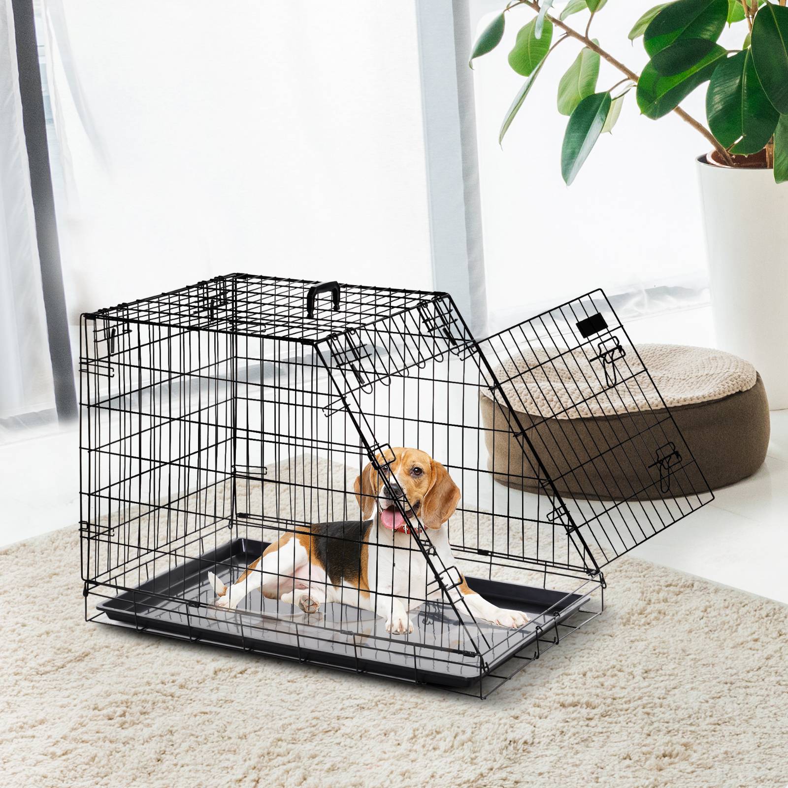 Cage transport pour chien métal forme trapèze voiture pliable double loquet 77cm noir - ComfortXL Outdoor Living - Image 3