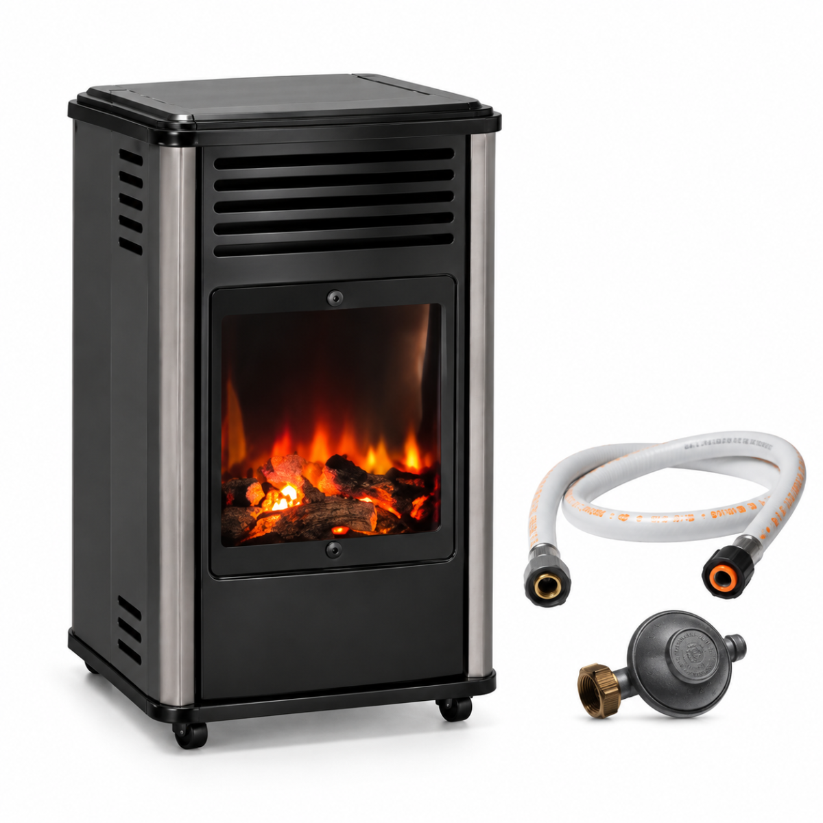Chauffage à gaz 3.4 KW mobile Noir Effet feu + Tuyau gaz + Détendeur butane Manhattan SAHARA - Imagen 1