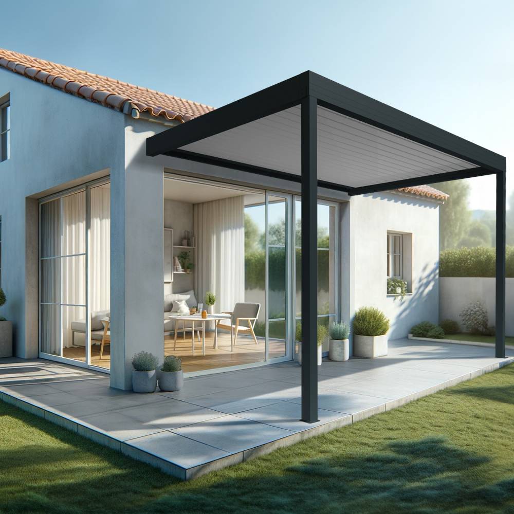 Pergola bioclimatique HELY 4,50x4,987m Vérin à télécommande (Gris anthracite / Blanc) - Alia Productions - Imagen 1