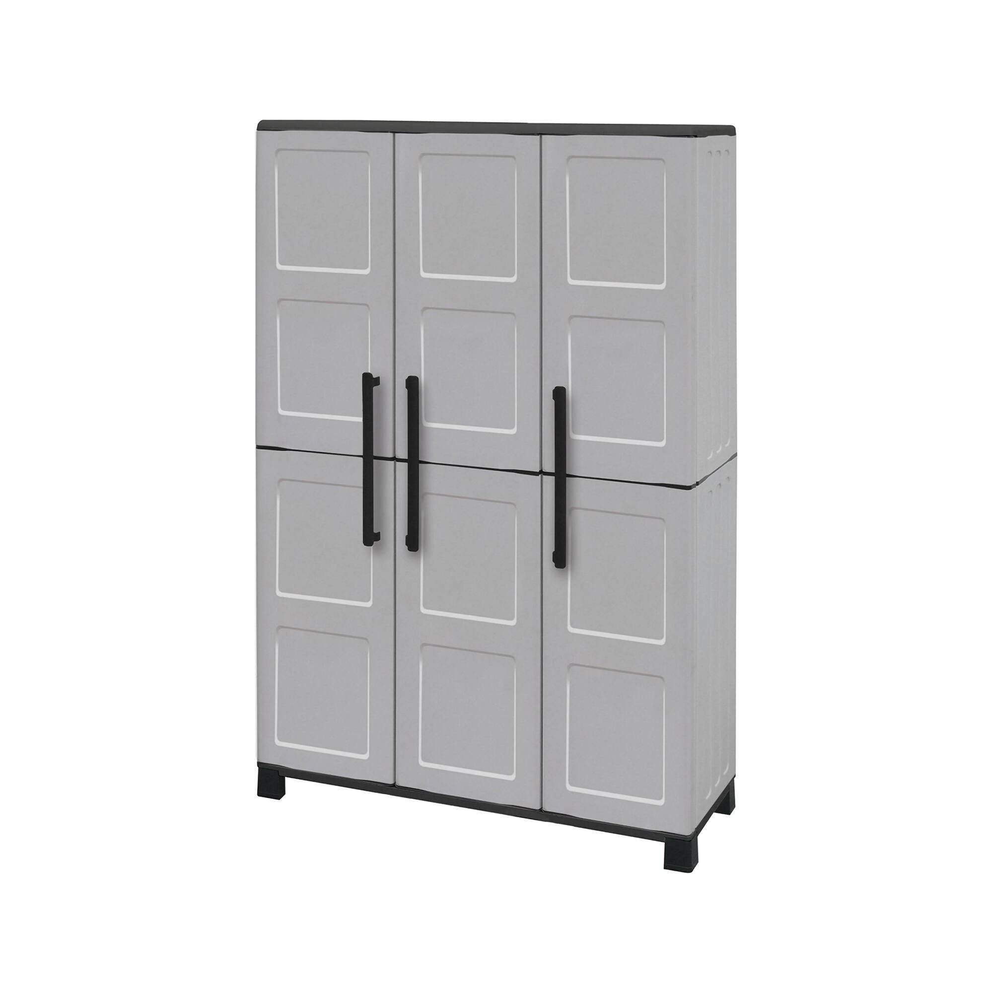 Dmora - Armoire d'extérieur Dbellanov, Armoire à balais, Armoire d'extérieur 3 portes, 102x37h169 cm, Gris clair et noir, Finition damier - Dmora - Imagen 4