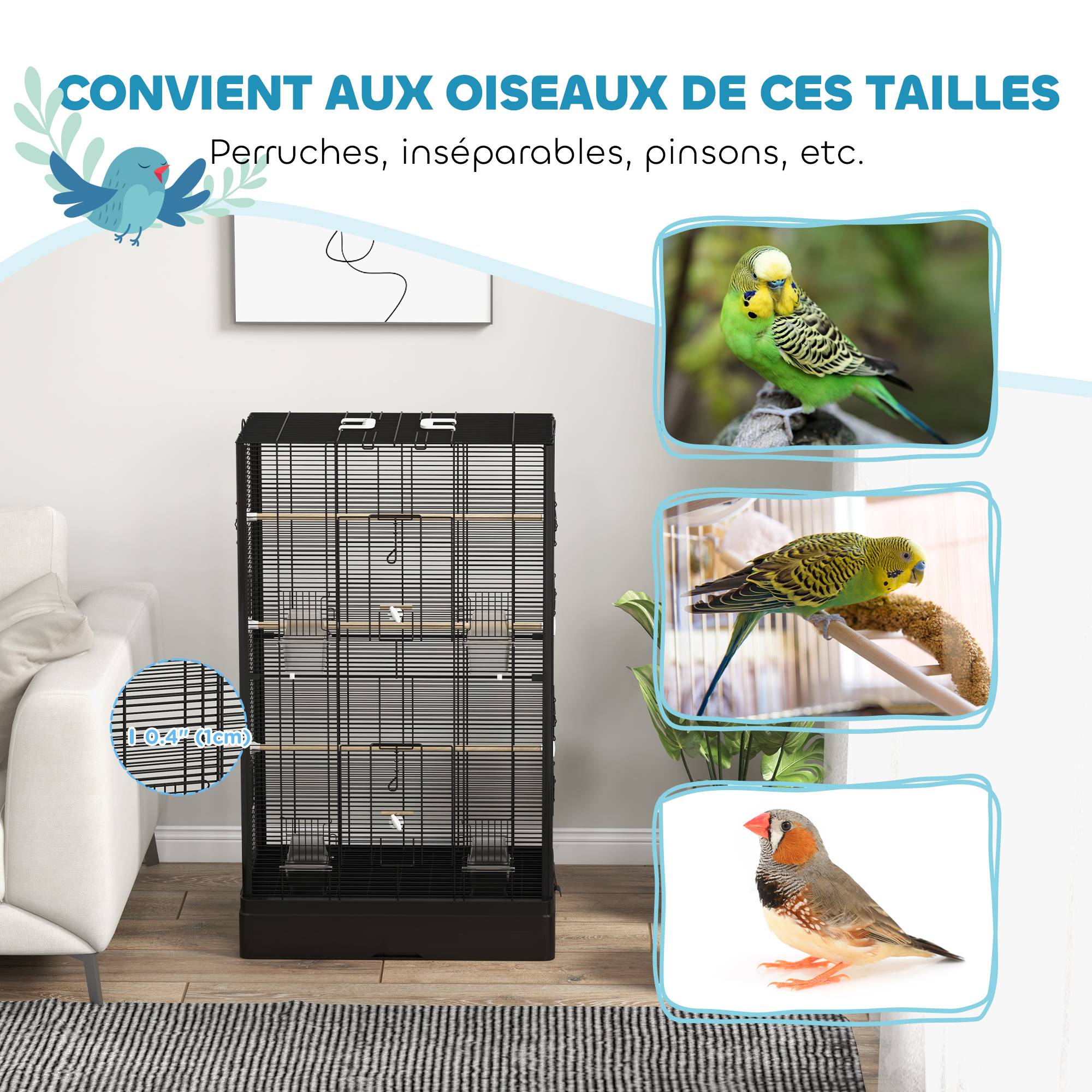 Cage à oiseaux métal noir 61 x 36.5 x 98 cm - PANGIVO - Image 8