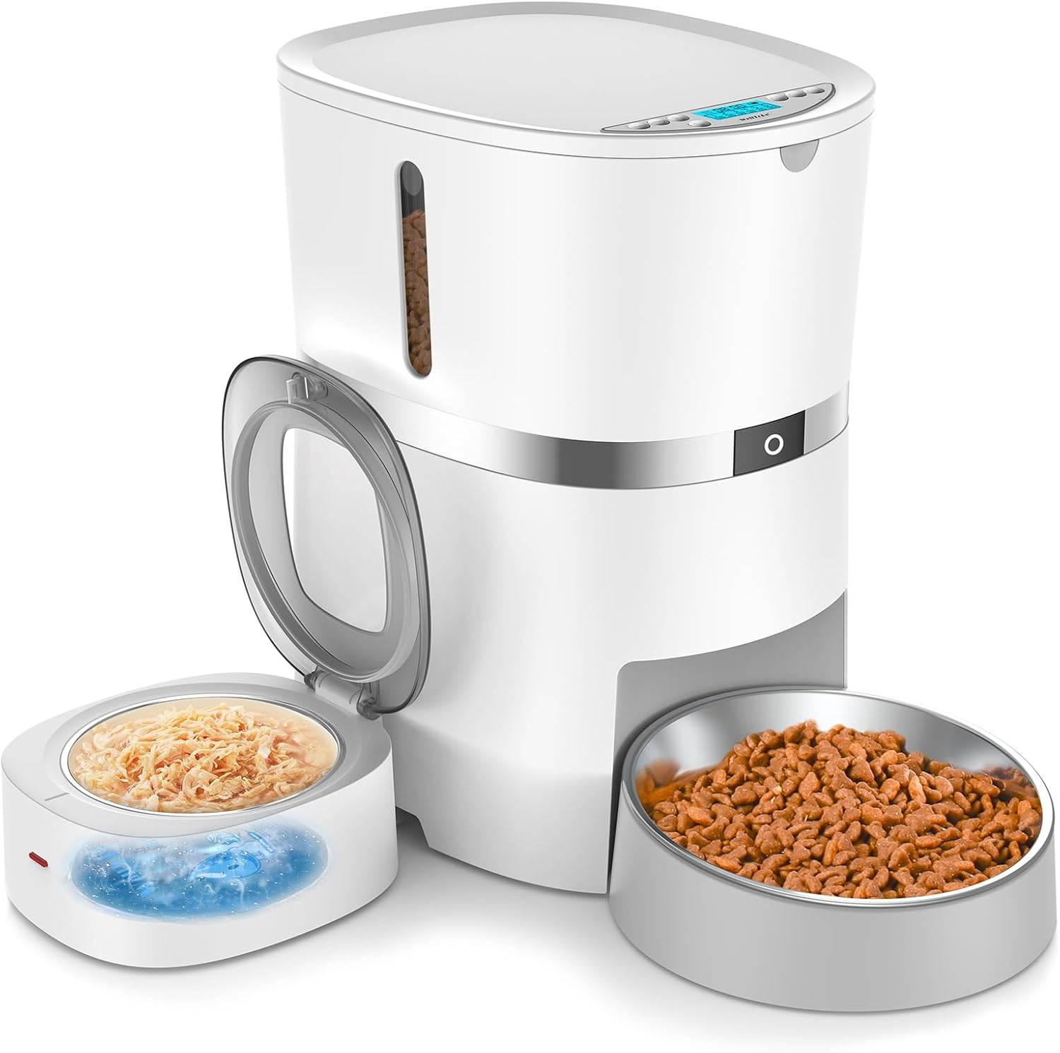 Distributeur Croquettes Chat Automatique avec Sac de Glace et Déshydratant pour Aliments Secs Fraîcheur blanc Vendos85