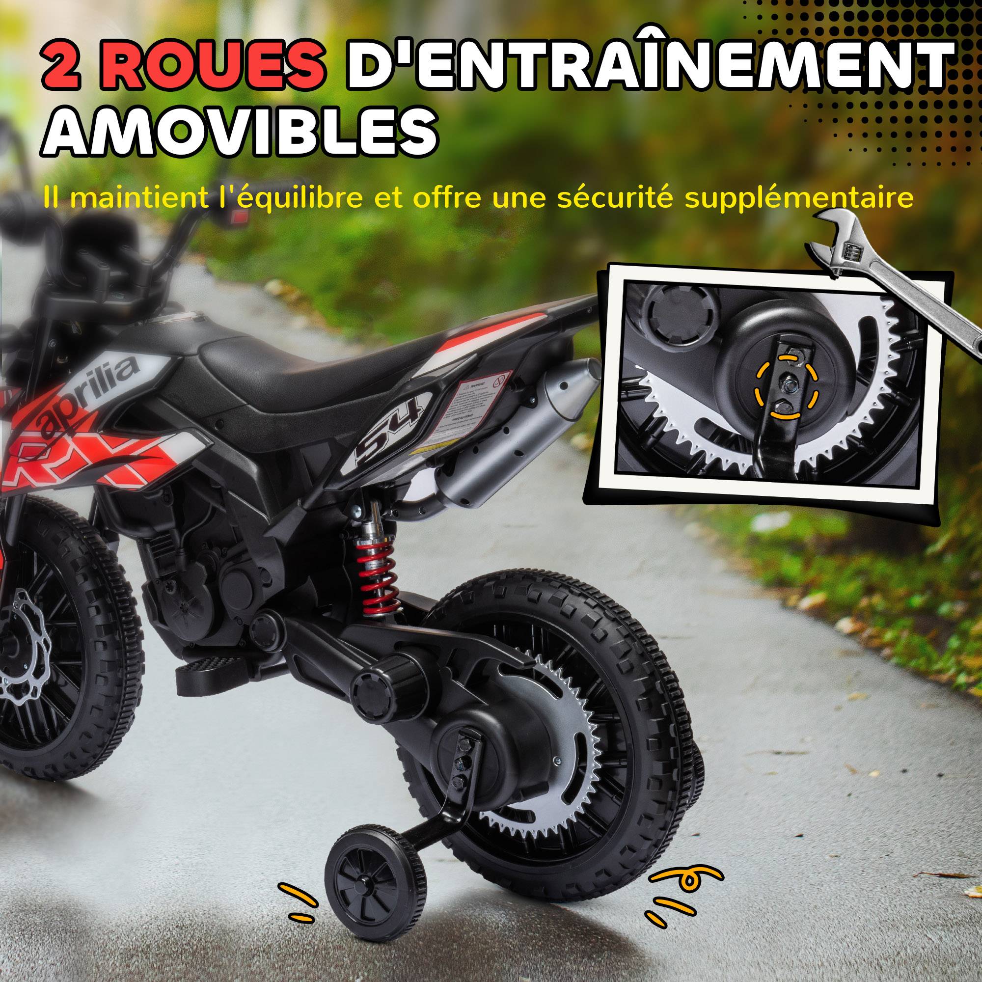 Moto électrique enfants sous licence Aprilia avec 2 moteurs 12V, roues d'entraînement, lumière LED, musique - rouge - Image 7