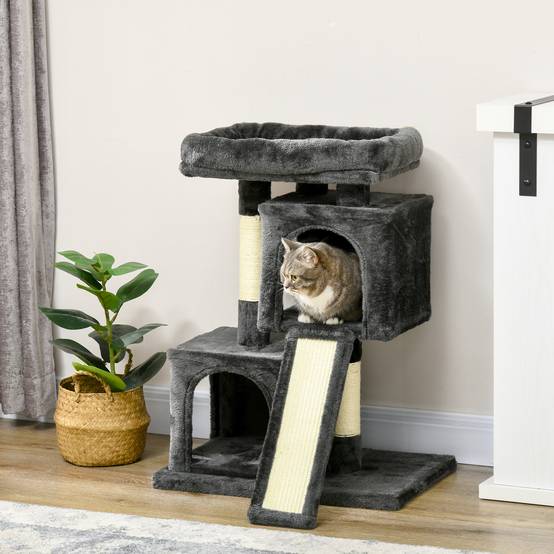 Arbre à chat PawHut 83 cm, poteau à griffer en sisal, tour d'escalade pour petits chats, gris foncé - Image 3