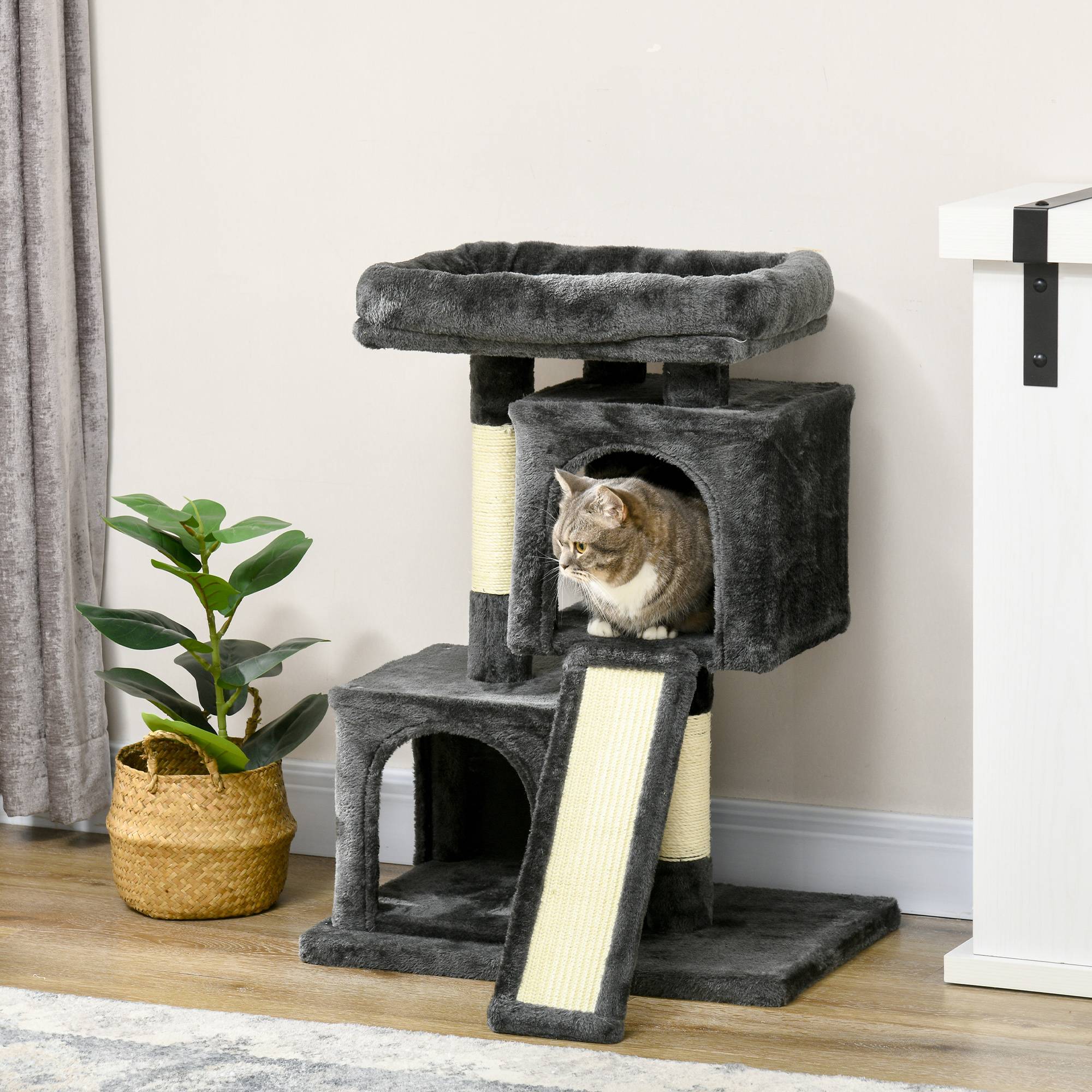 Arbre à chat PawHut 83 cm, poteau à griffer en sisal, tour d'escalade pour petits chats, gris foncé - Image 3