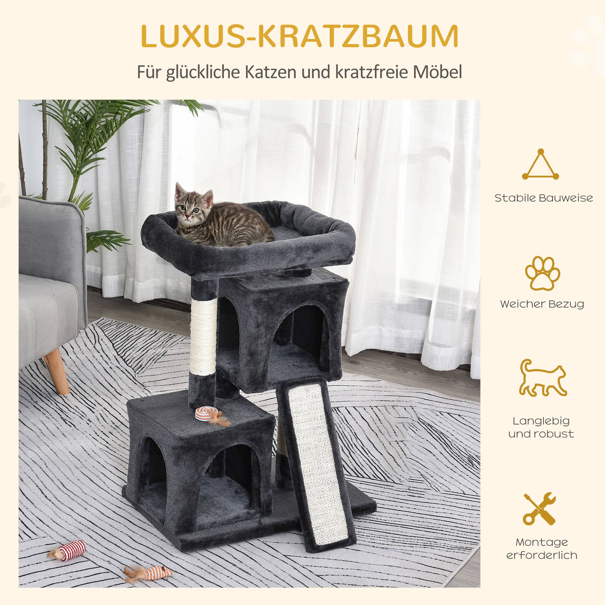 Arbre à chat PawHut 83 cm, poteau à griffer en sisal, tour d'escalade pour petits chats, gris foncé - Image 6