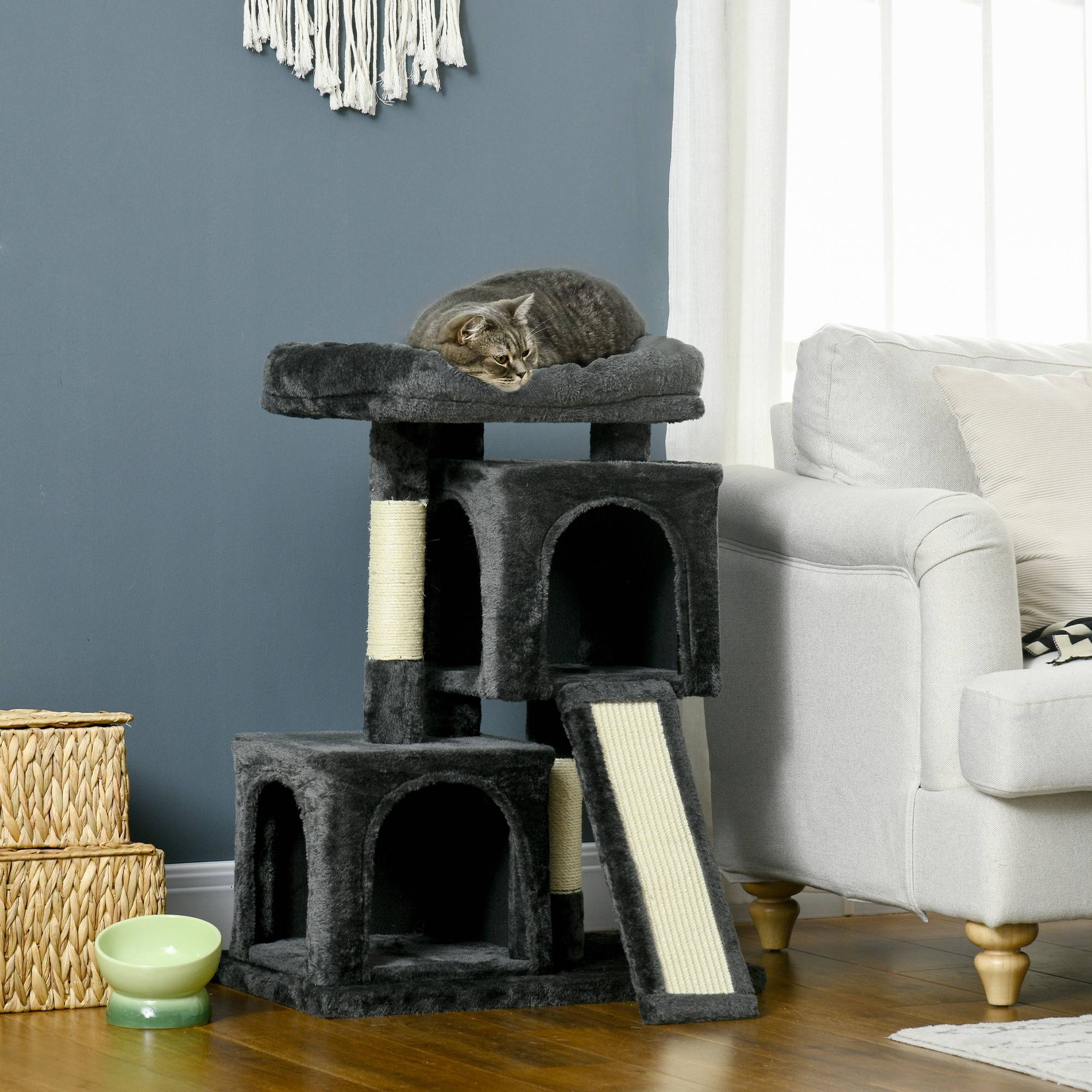 Arbre à chat PawHut 83 cm, poteau à griffer en sisal, tour d'escalade pour petits chats, gris foncé - Image 4