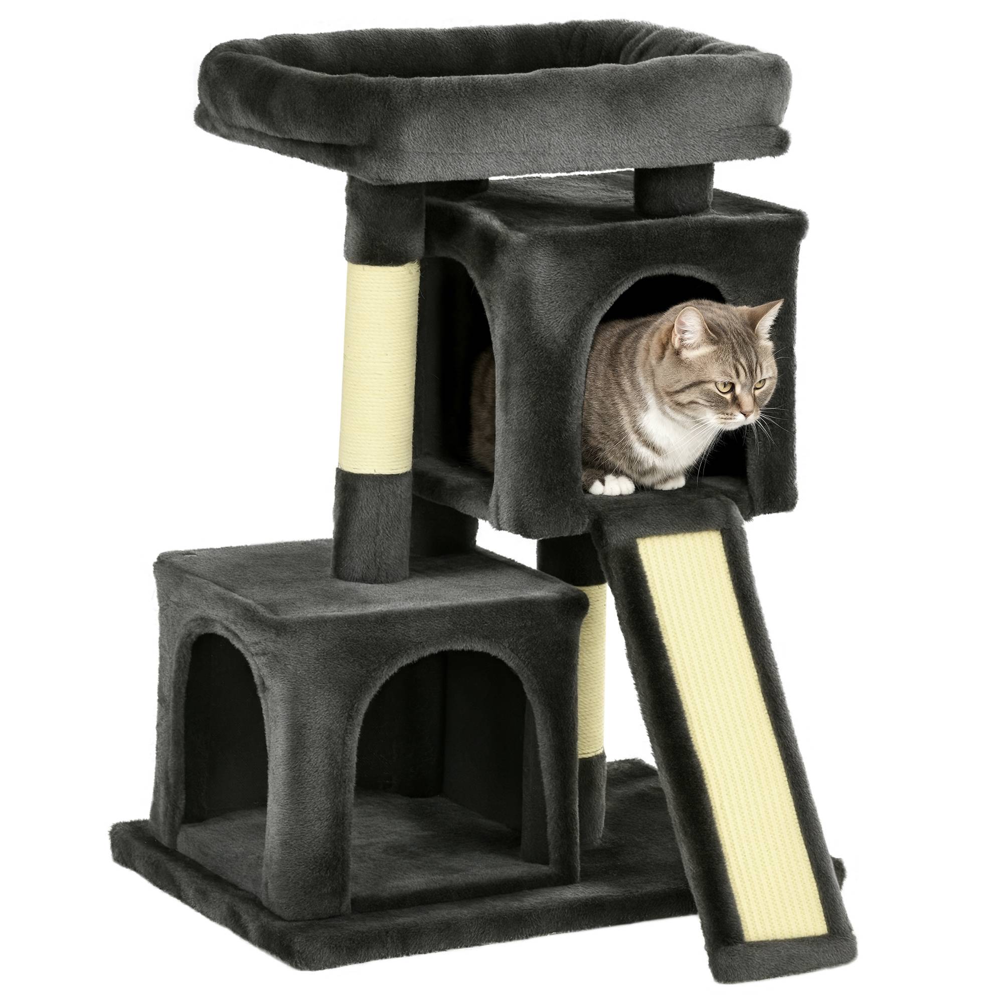 Arbre à chat PawHut 83 cm, poteau à griffer en sisal, tour d'escalade pour petits chats, gris foncé - Image 1