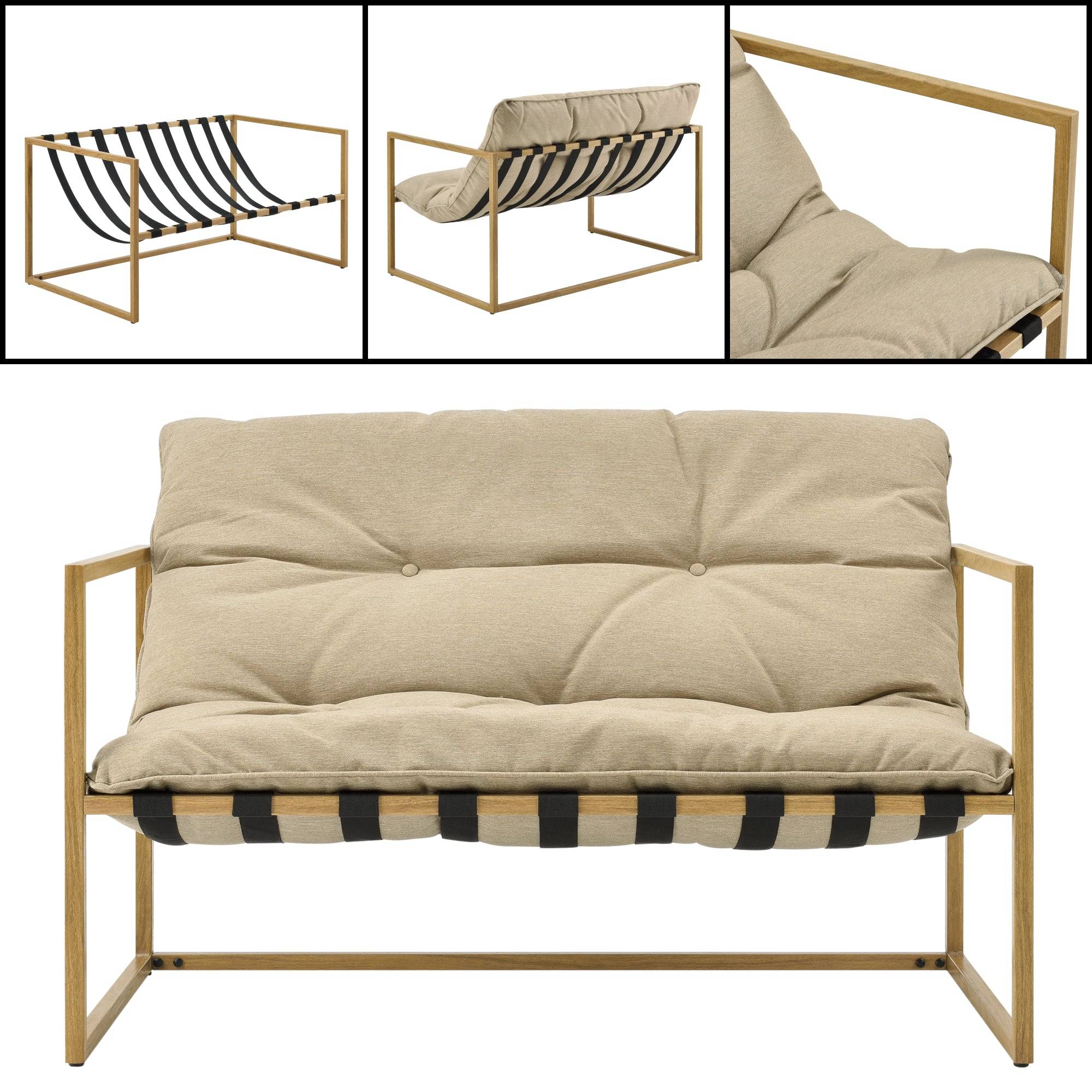 Helloshop26 - Salon de jardin table basse avec canapé et chaises extérieures en acier avec coussins oléfines et plateau de table en verre imitation bois kaki - Imagen 4