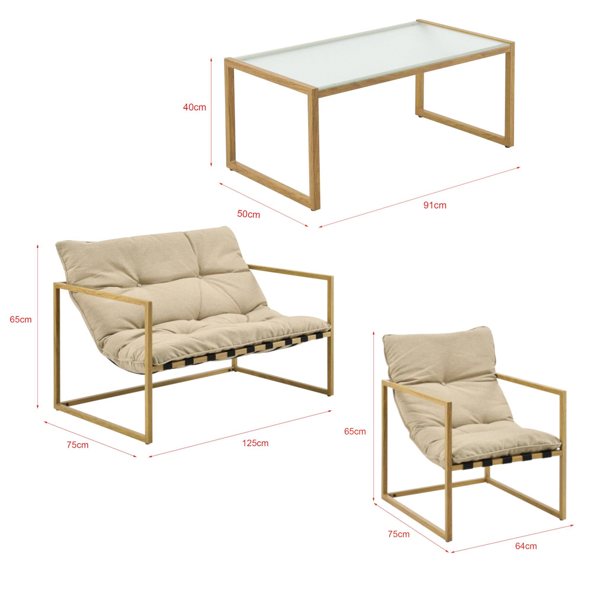 Helloshop26 - Salon de jardin table basse avec canapé et chaises extérieures en acier avec coussins oléfines et plateau de table en verre imitation bois kaki - Imagen 2