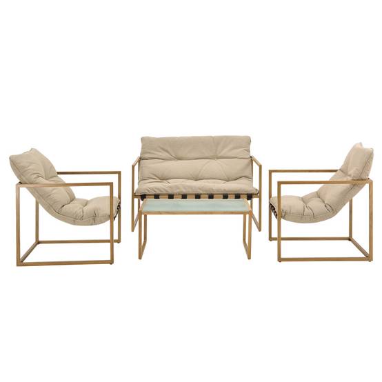 Helloshop26 - Salon de jardin table basse avec canapé et chaises extérieures en acier avec coussins oléfines et plateau de table en verre imitation bois kaki - Imagen 1