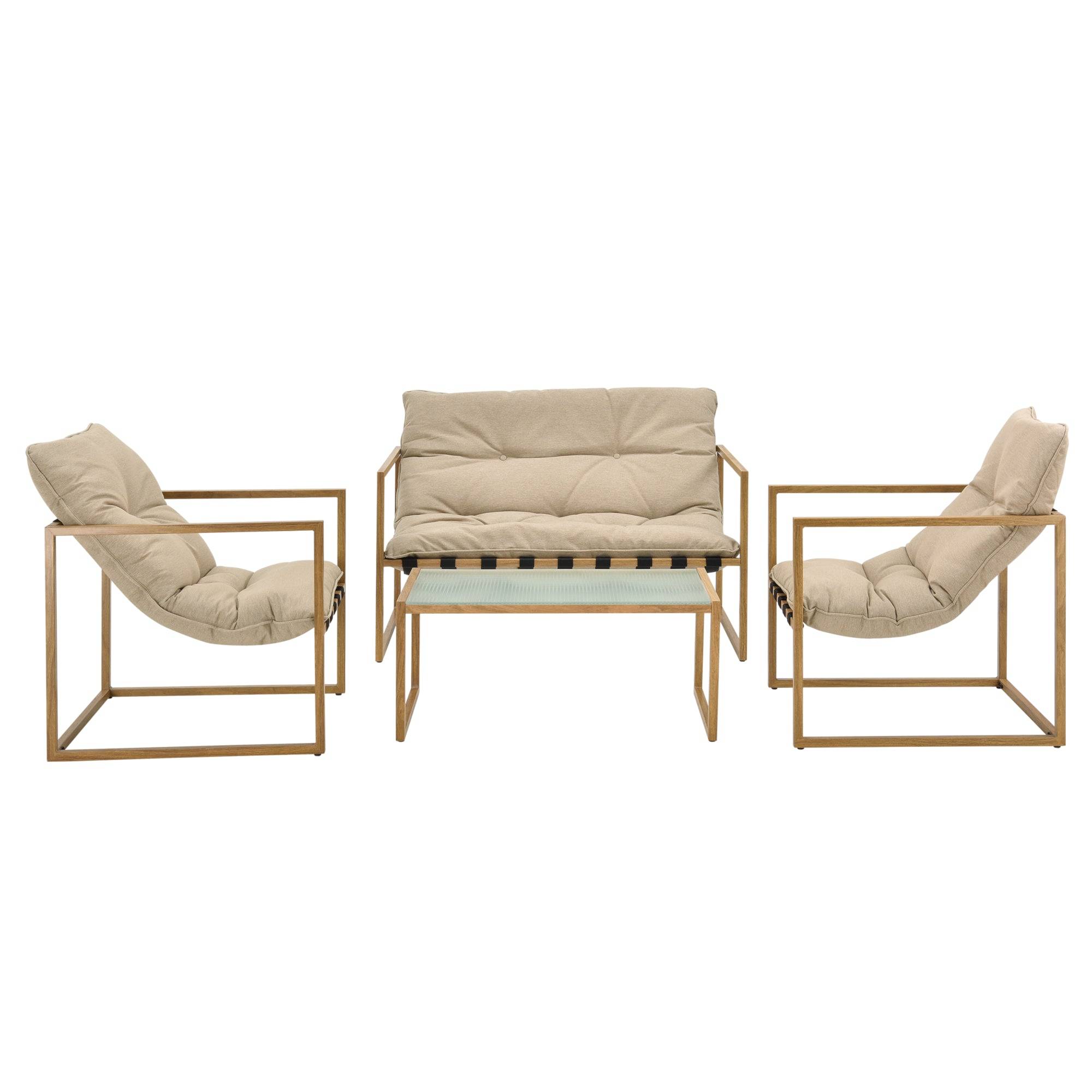 Helloshop26 - Salon de jardin table basse avec canapé et chaises extérieures en acier avec coussins oléfines et plateau de table en verre imitation bois kaki - Imagen 1