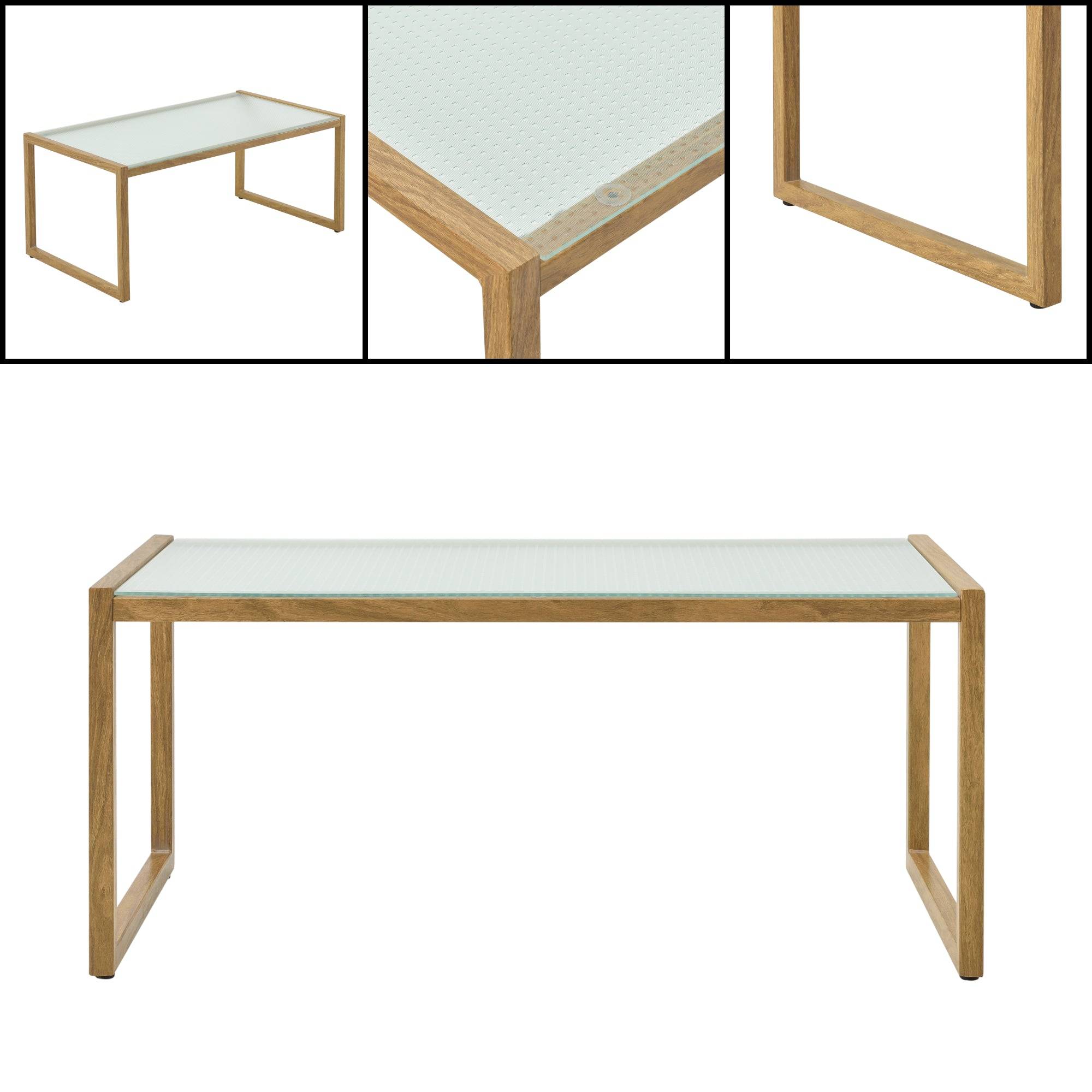 Helloshop26 - Salon de jardin table basse avec canapé et chaises extérieures en acier avec coussins oléfines et plateau de table en verre imitation bois kaki - Imagen 3