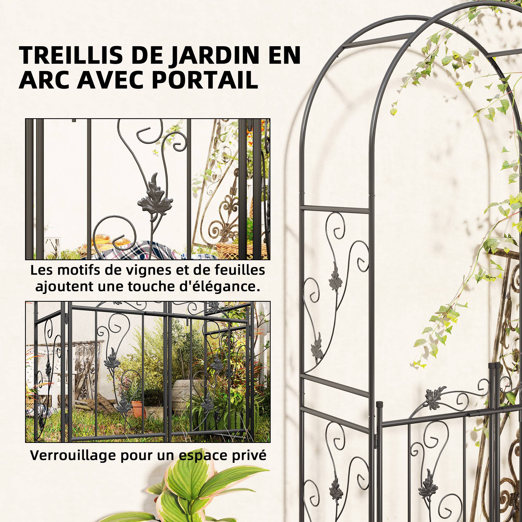 Arche de jardin avec double porte acier noir 107 x 45 x 217 cm - PANGIVO - Image 6