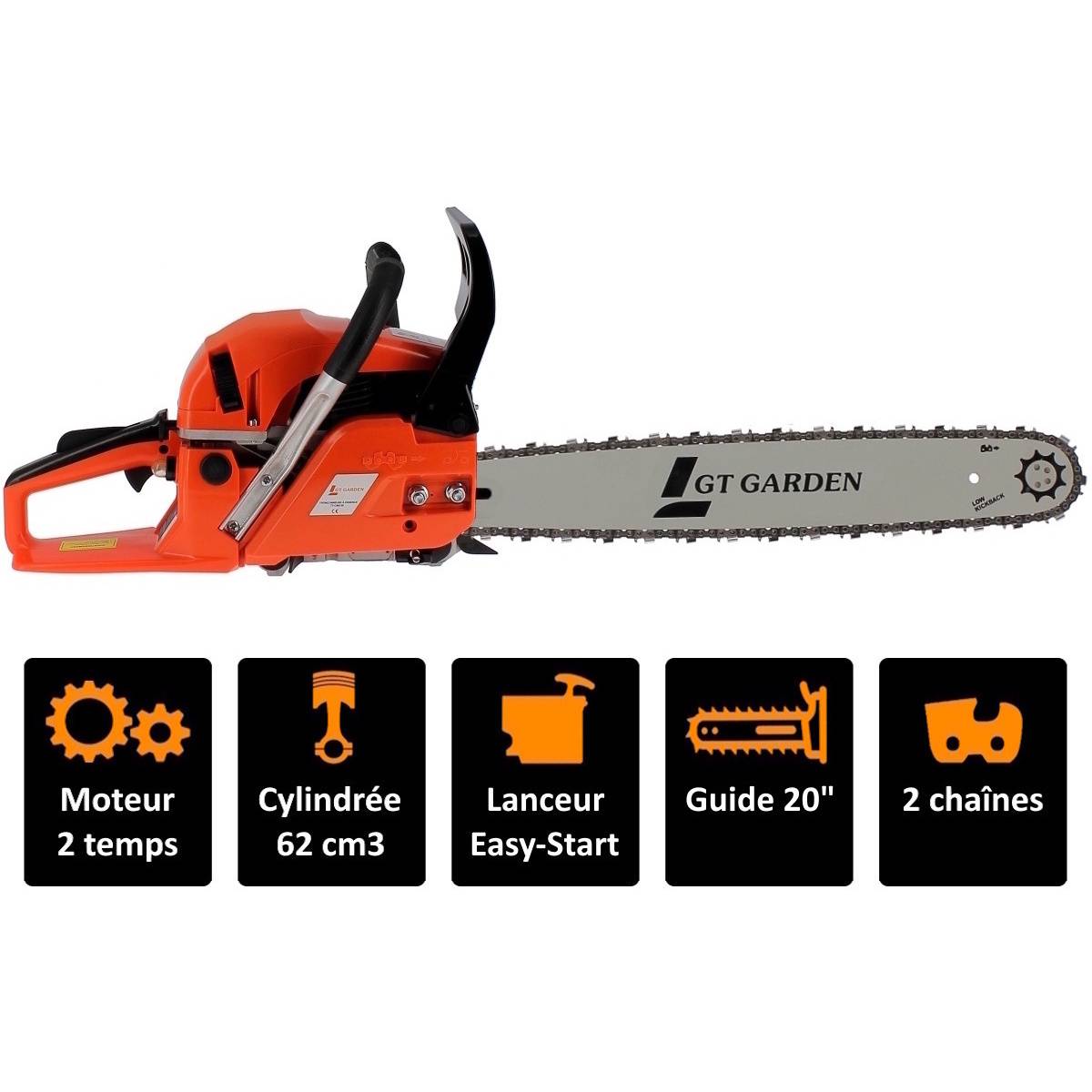 Gt Garden - Tronçonneuse thermique 62 cm3, 3.5 CV, guide 50 cm, 2 chaînes - GT GARDEN - Image 2