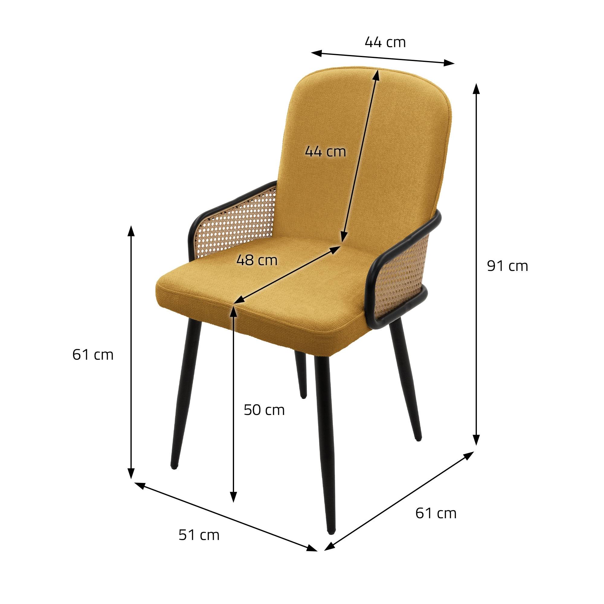 Lot de 6 chaises de salle à manger en tissu moutarde avec accoudoirs en rotin pieds en métal noir assise rembourrée confortable fauteuils ergonomiques - Image 6