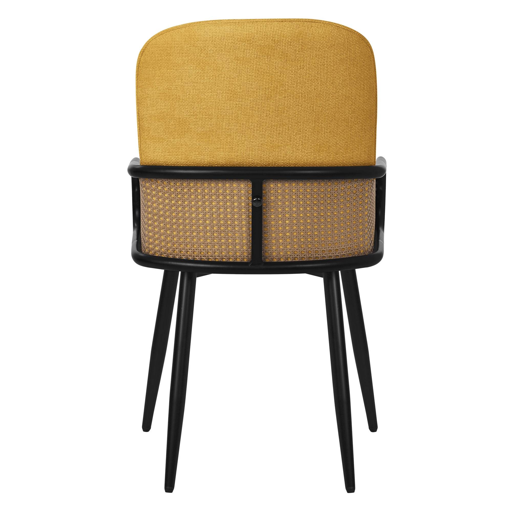 Lot de 6 chaises de salle à manger en tissu moutarde avec accoudoirs en rotin pieds en métal noir assise rembourrée confortable fauteuils ergonomiques - Image 4